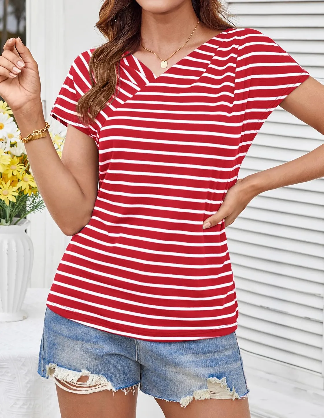 GRACE KARIN Womens Summer Tops Short Sleeve V Neck Striped T Shirt Casual Comfy Dressy Blouses