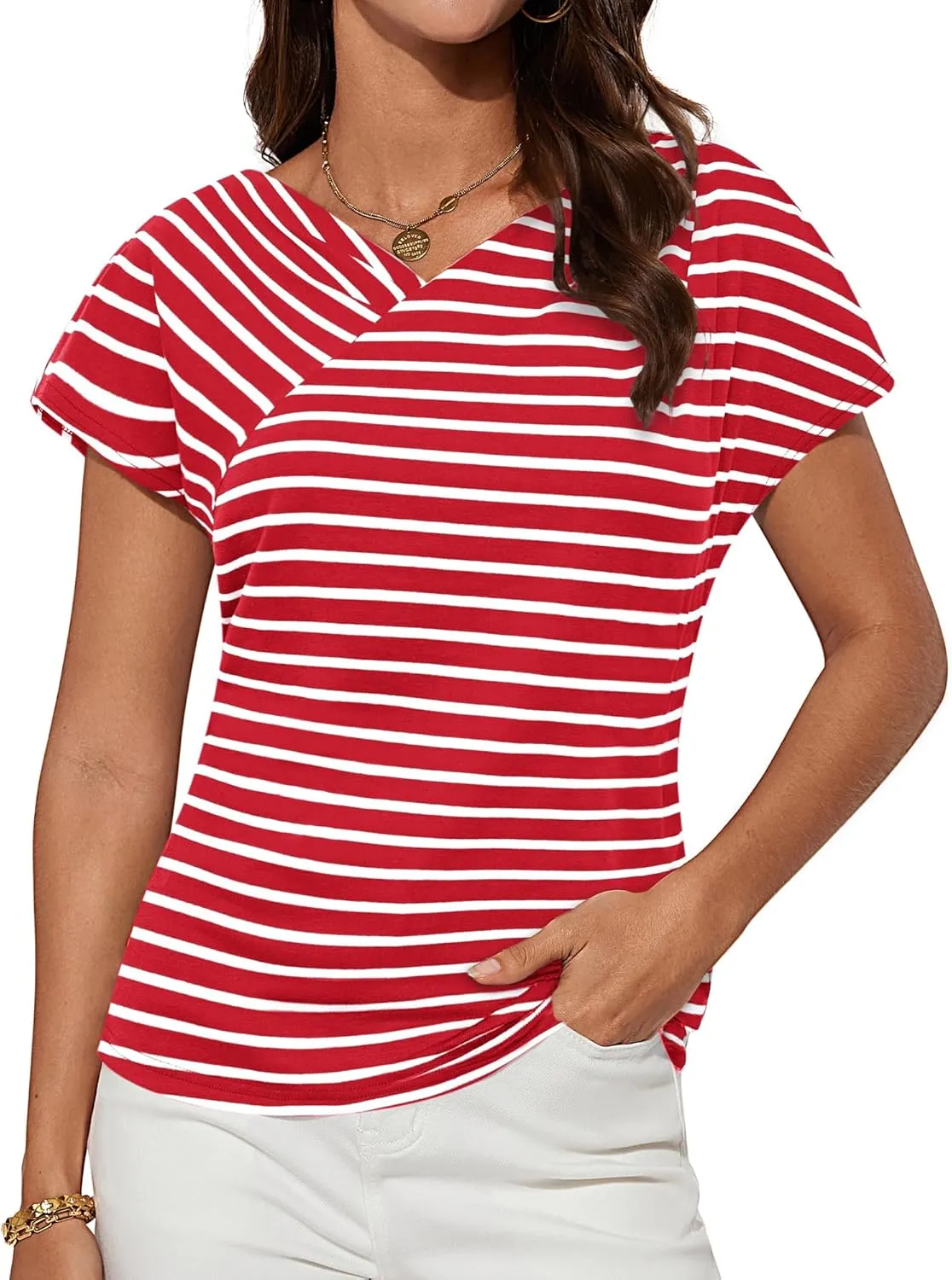 GRACE KARIN Womens Summer Tops Short Sleeve V Neck Striped T Shirt Casual Comfy Dressy Blouses