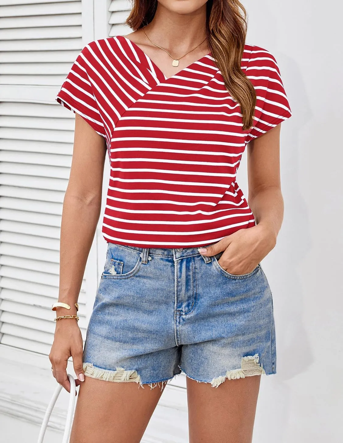 GRACE KARIN Womens Summer Tops Short Sleeve V Neck Striped T Shirt Casual Comfy Dressy Blouses