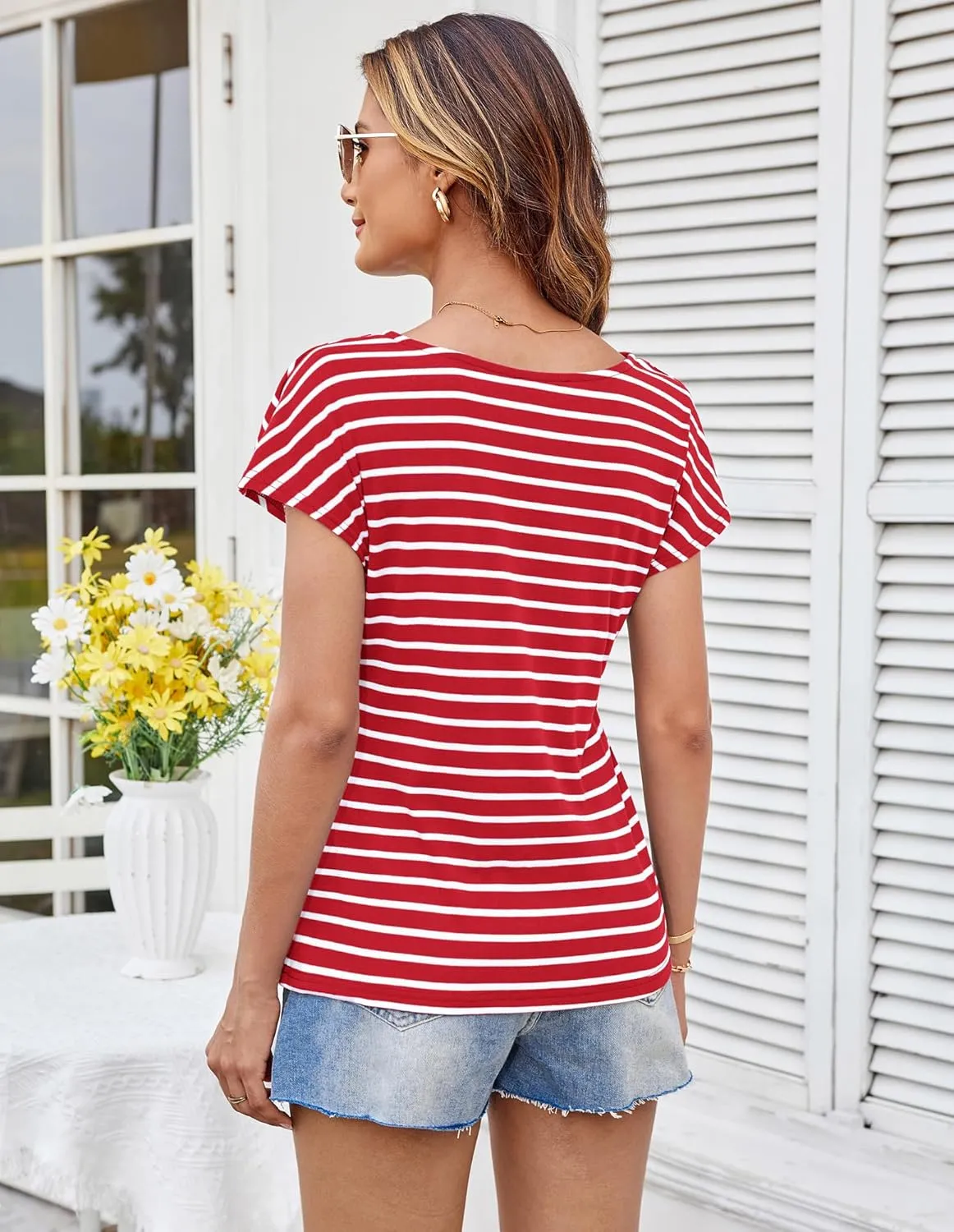 GRACE KARIN Womens Summer Tops Short Sleeve V Neck Striped T Shirt Casual Comfy Dressy Blouses