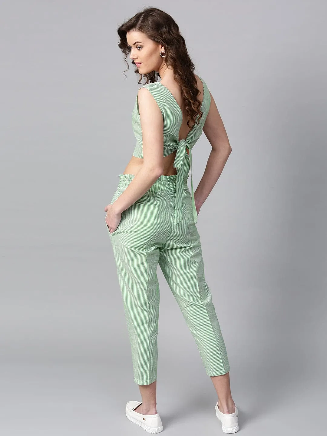 Green Stripes Back Bow Crop Top