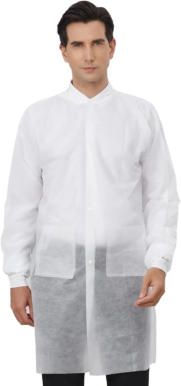 Greenour Disposable Lab Coats for Adults Pack of 10 White Coat 2 Pockets with Knitted Cuffs and Collar (Small-2XL)