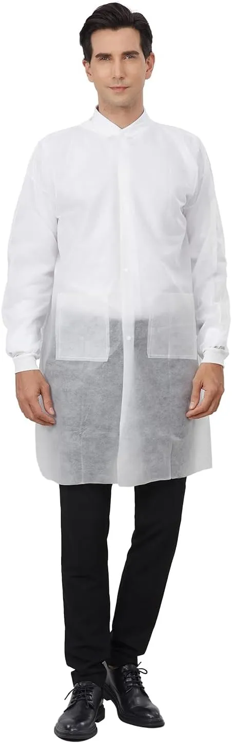 Greenour Disposable Lab Coats for Adults Pack of 10 White Coat 2 Pockets with Knitted Cuffs and Collar (Small-2XL)