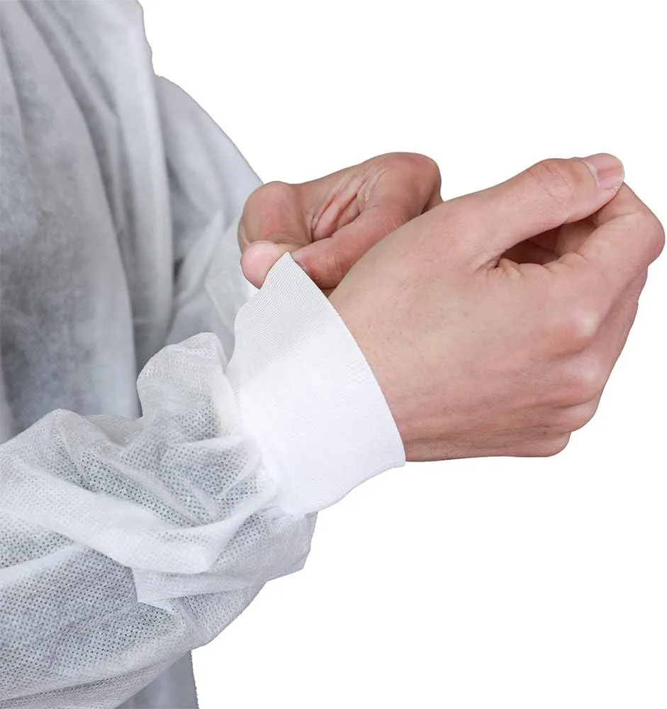 Greenour Disposable Lab Coats for Adults Pack of 10 White Coat 2 Pockets with Knitted Cuffs and Collar (Small-2XL)