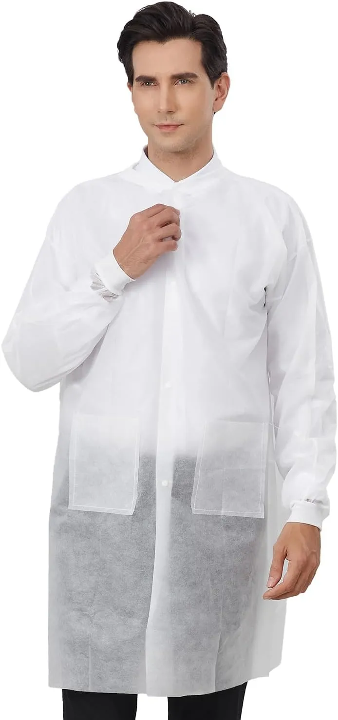 Greenour Disposable Lab Coats for Adults Pack of 10 White Coat 2 Pockets with Knitted Cuffs and Collar (Small-2XL)