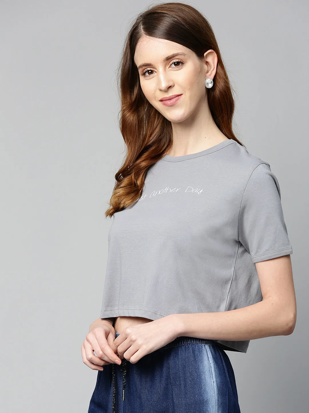 Grey Just-Another-Day Crop T-Shirt