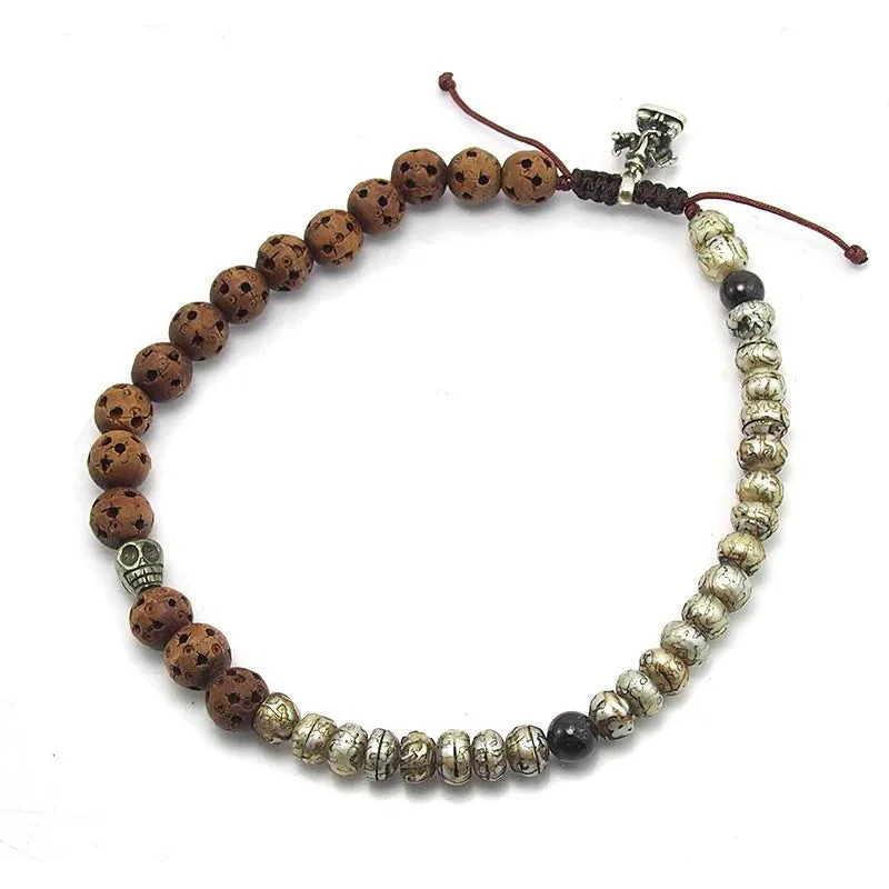 Hand Carved Pearl Wooden Double Wrap Bracelet with Garnet, Pyrite Skull and Sterling Silver Ganesh Amulet