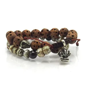 Hand Carved Pearl Wooden Double Wrap Bracelet with Garnet, Pyrite Skull and Sterling Silver Ganesh Amulet