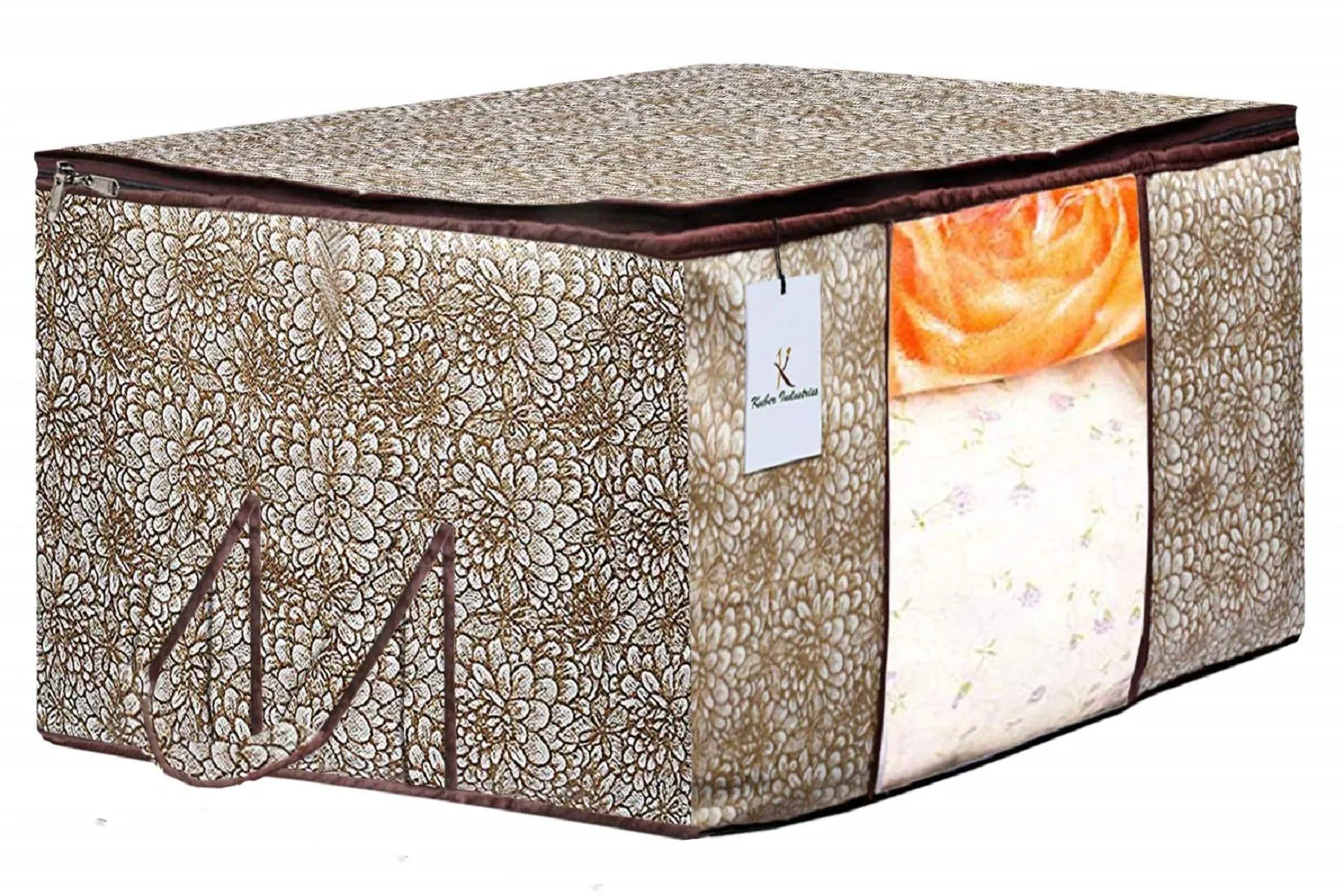 Heart Home Metalic Printed 12 Piece Non Woven Fabric Underbed Storage Bag,Cloth Organiser,Blanket Cover with Transparent Window, Brown & Golden Brown & Ivory Red - CTHH23125
