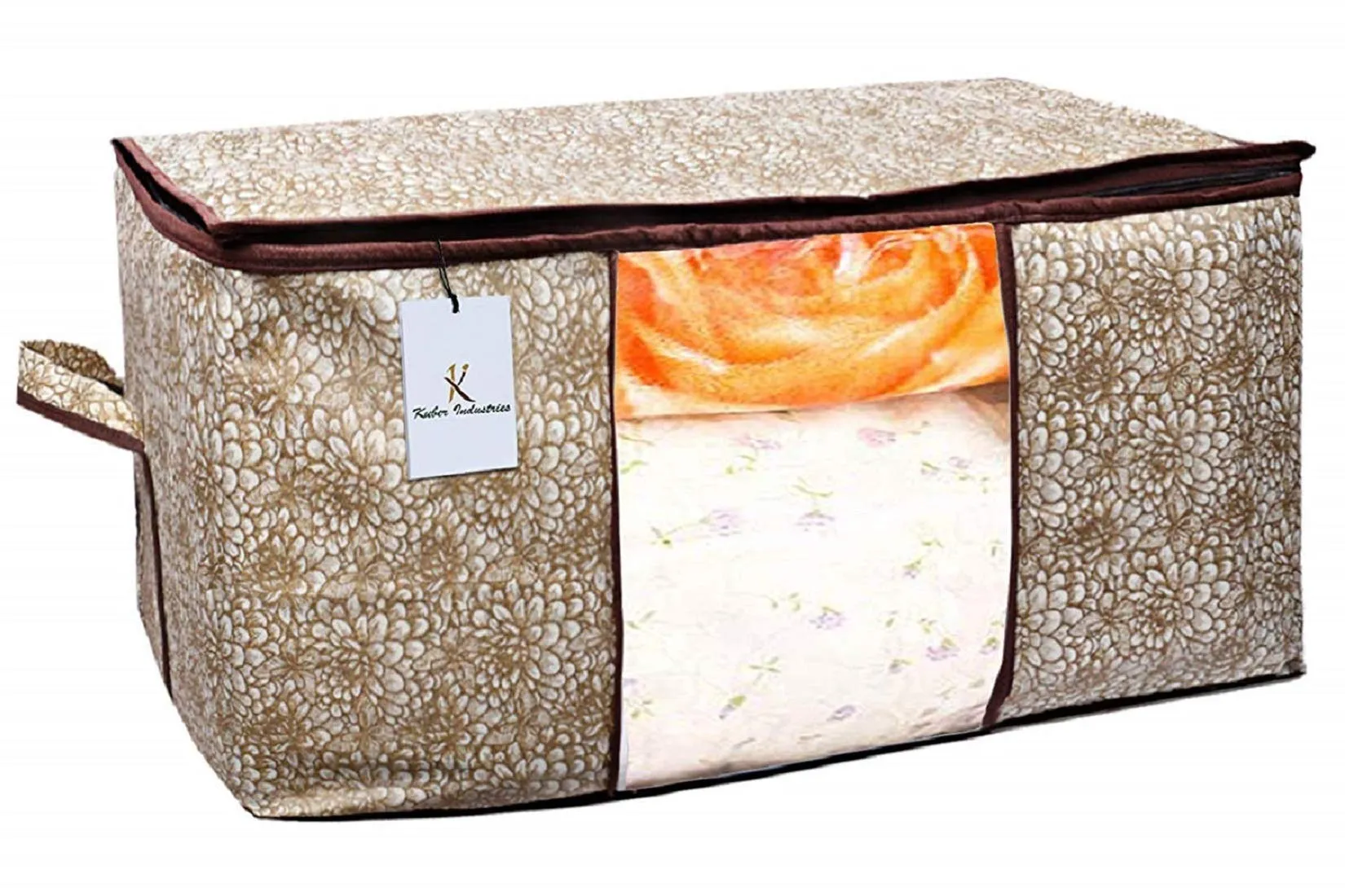 Heart Home Metalic Printed 12 Piece Non Woven Fabric Underbed Storage Bag,Cloth Organiser,Blanket Cover with Transparent Window, Brown & Golden Brown & Ivory Red - CTHH23125