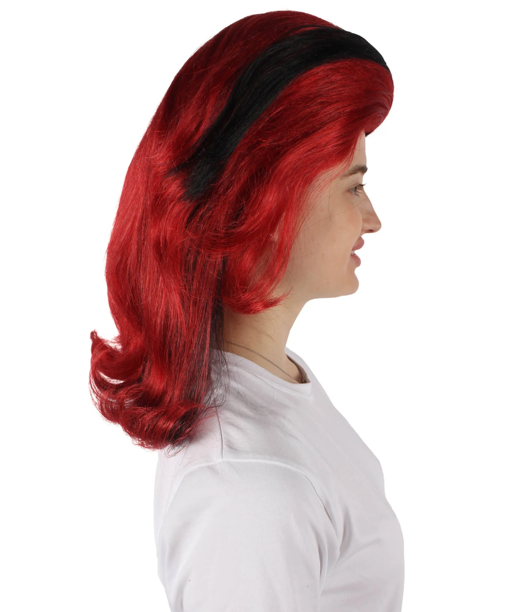 HPO Adult Women's Crimson Red Wig with Black Streaks I Perfect for Cosplay I Flame-retardant Synthetic Fiber