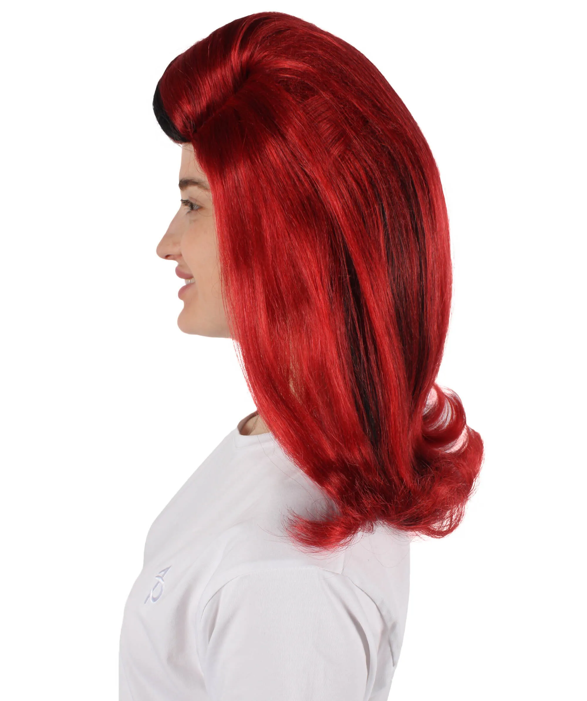 HPO Adult Women's Crimson Red Wig with Black Streaks I Perfect for Cosplay I Flame-retardant Synthetic Fiber