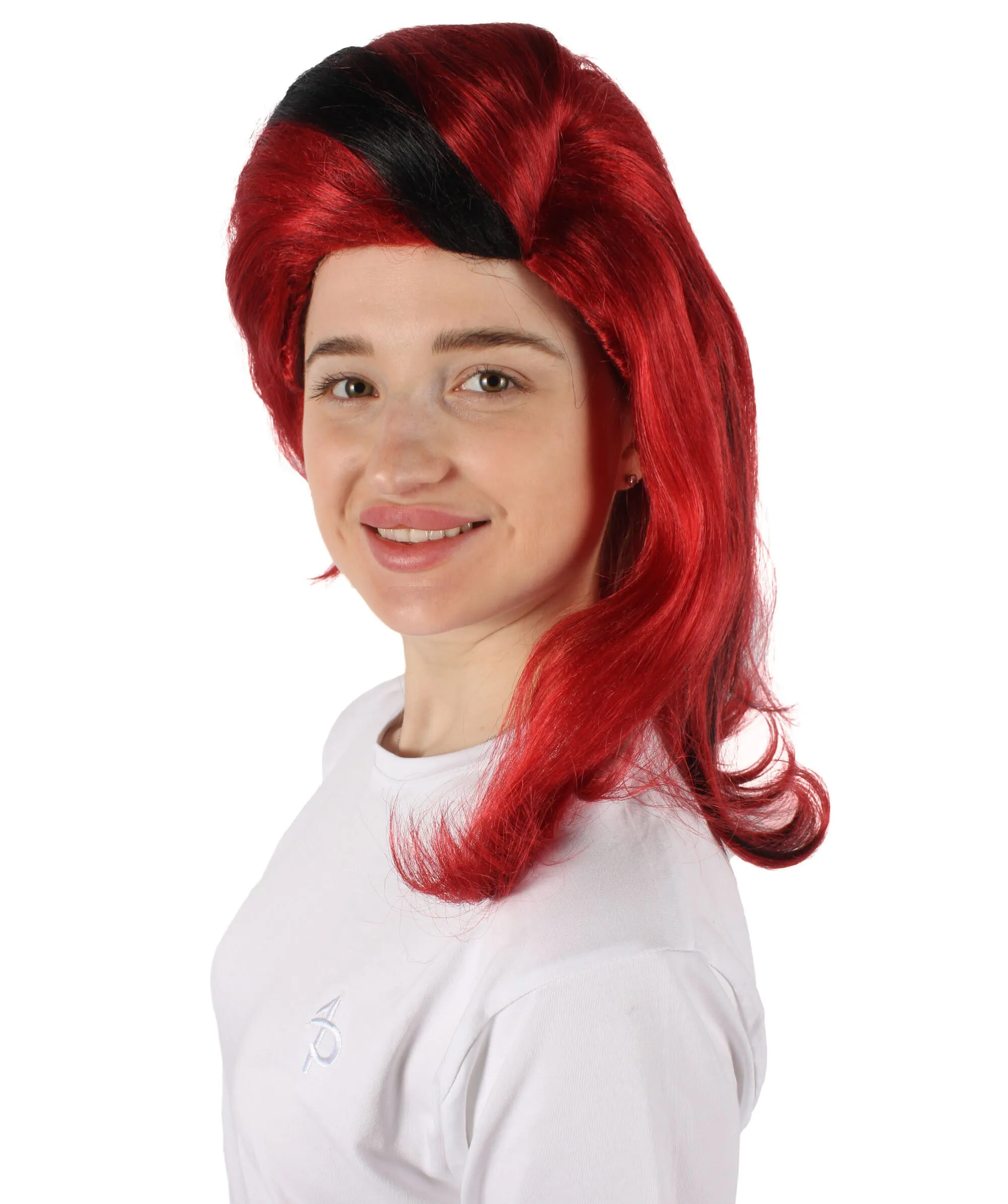 HPO Adult Women's Crimson Red Wig with Black Streaks I Perfect for Cosplay I Flame-retardant Synthetic Fiber