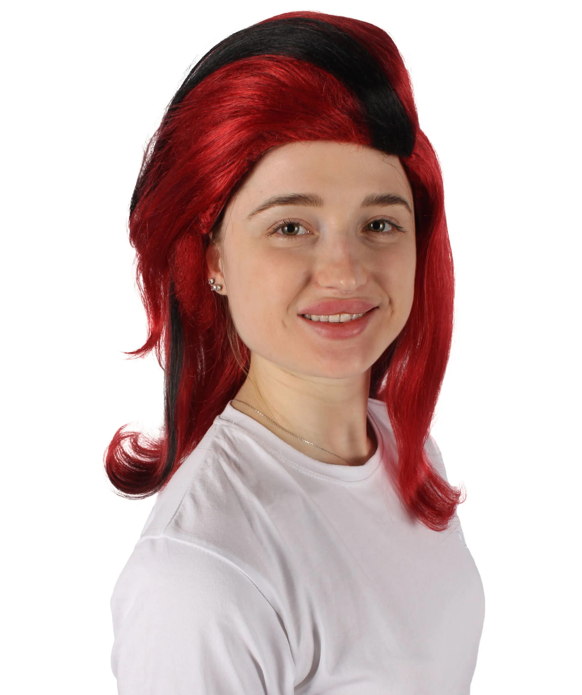 HPO Adult Women's Crimson Red Wig with Black Streaks I Perfect for Cosplay I Flame-retardant Synthetic Fiber