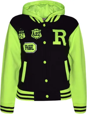 Kids Girls Boys R Fashion Baseball Black Neon Green Hooded Jacket Varsity Hoodie