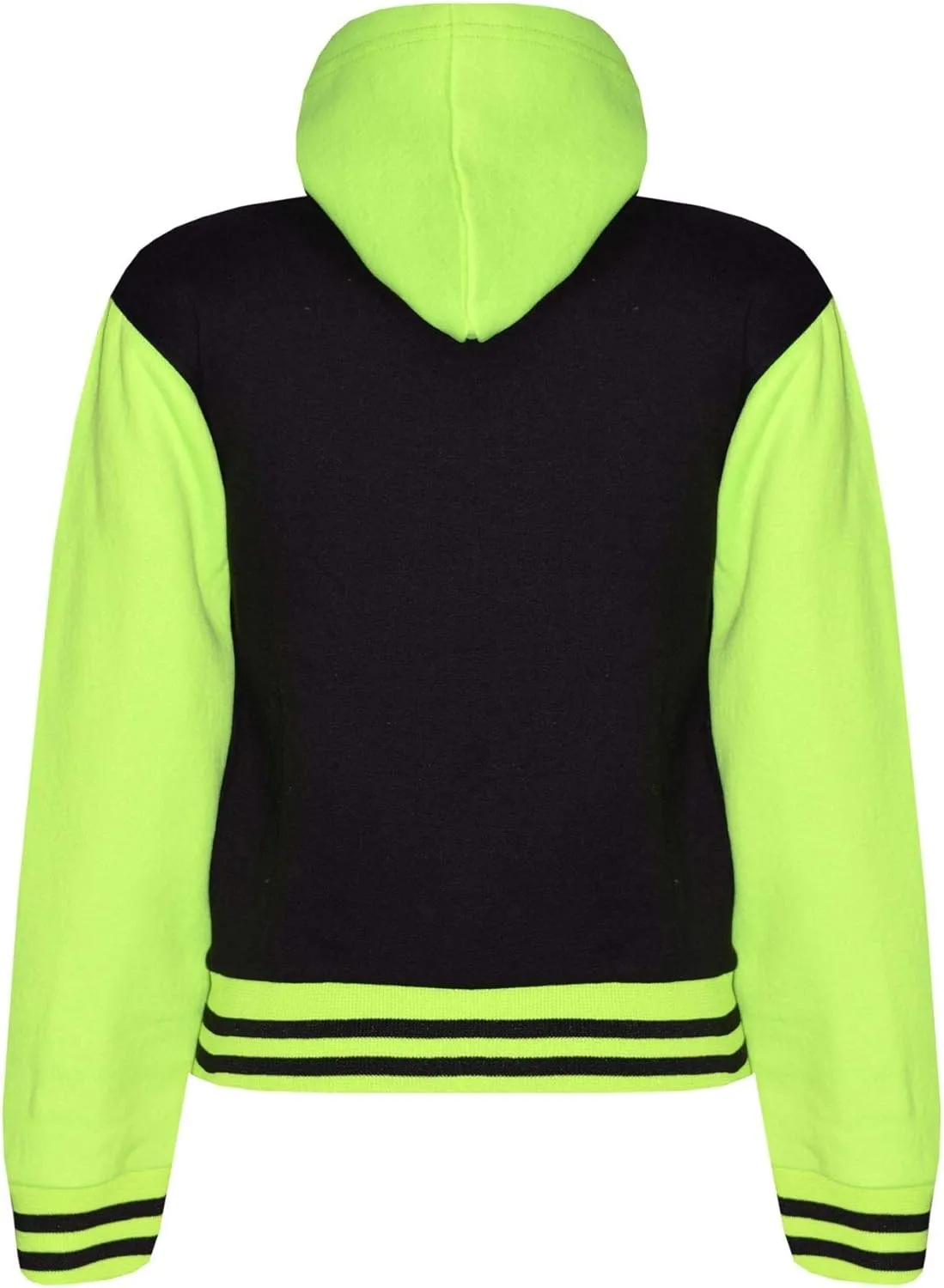 Kids Girls Boys R Fashion Baseball Black Neon Green Hooded Jacket Varsity Hoodie