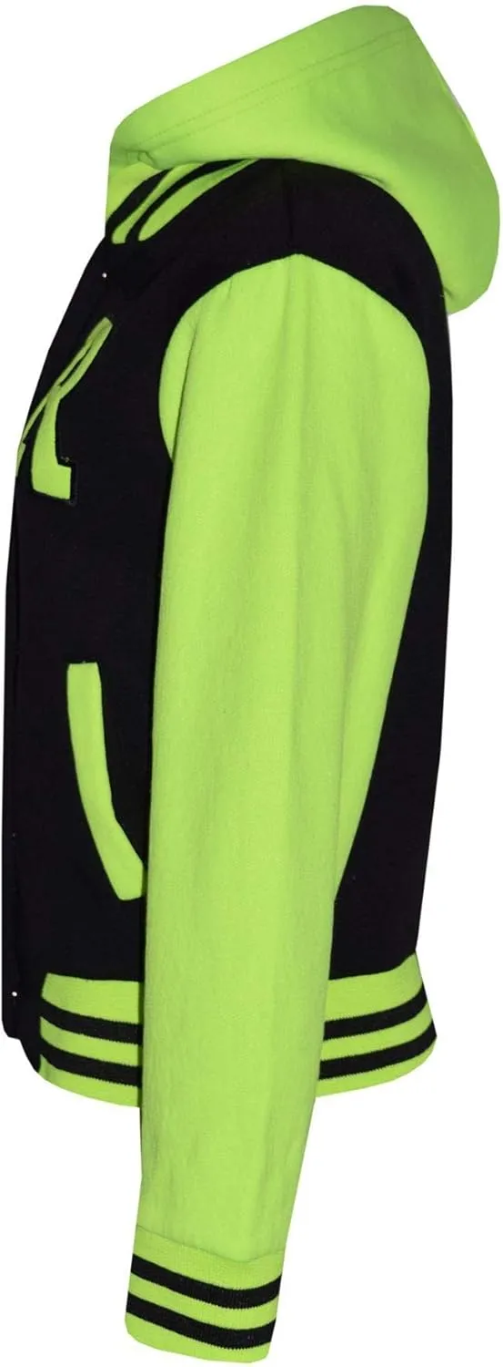 Kids Girls Boys R Fashion Baseball Black Neon Green Hooded Jacket Varsity Hoodie