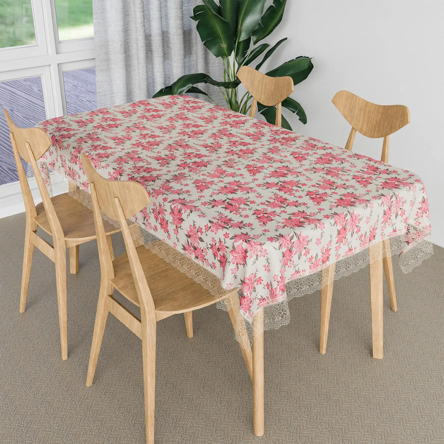 Kuber Industries Dining Table Cover | Kitchen Dining Tablecloth | 4 Seater Center Table Cover | Dining Table Cover for Hall Décor | Barik Flower Kitchen Tablecloth | 45x70 | Pink