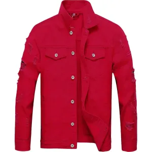 Maiyifu-GJ Jean Jacket for Men Distressed Button Down Denim Jacket Casual Slim Fit Ripped Jean Coat with Holes (Red,3X-Large)