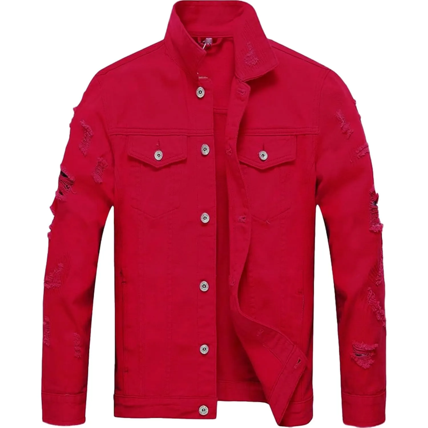 Maiyifu-GJ Jean Jacket for Men Distressed Button Down Denim Jacket Casual Slim Fit Ripped Jean Coat with Holes (Red,3X-Large)