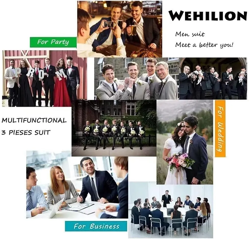 Men Suit 3 Pieces Slim Fit, 2 Buttons Groomsmen Business Jacket Vest Pant Prom Tuxedo with Tie
