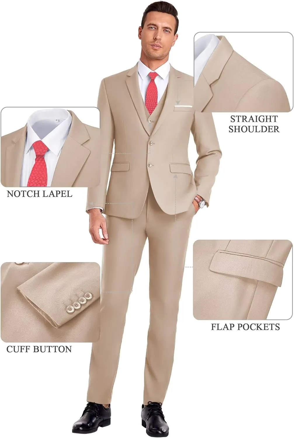Men Suit 3 Pieces Slim Fit, 2 Buttons Groomsmen Business Jacket Vest Pant Prom Tuxedo with Tie