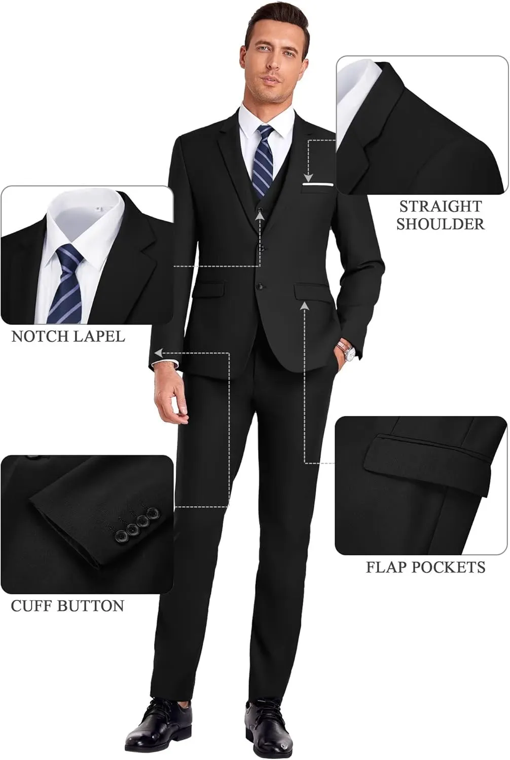 Men Suit 3 Pieces Slim Fit, 2 Buttons Groomsmen Business Jacket Vest Pant Prom Tuxedo with Tie