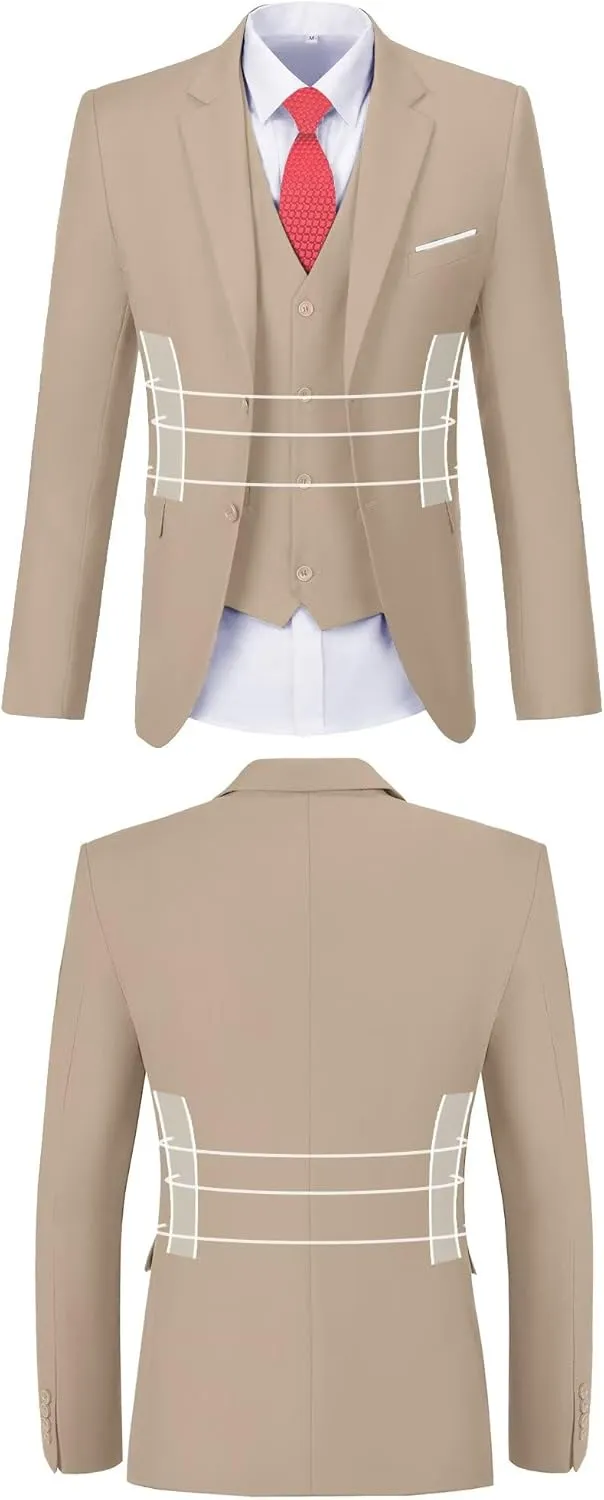 Men Suit 3 Pieces Slim Fit, 2 Buttons Groomsmen Business Jacket Vest Pant Prom Tuxedo with Tie