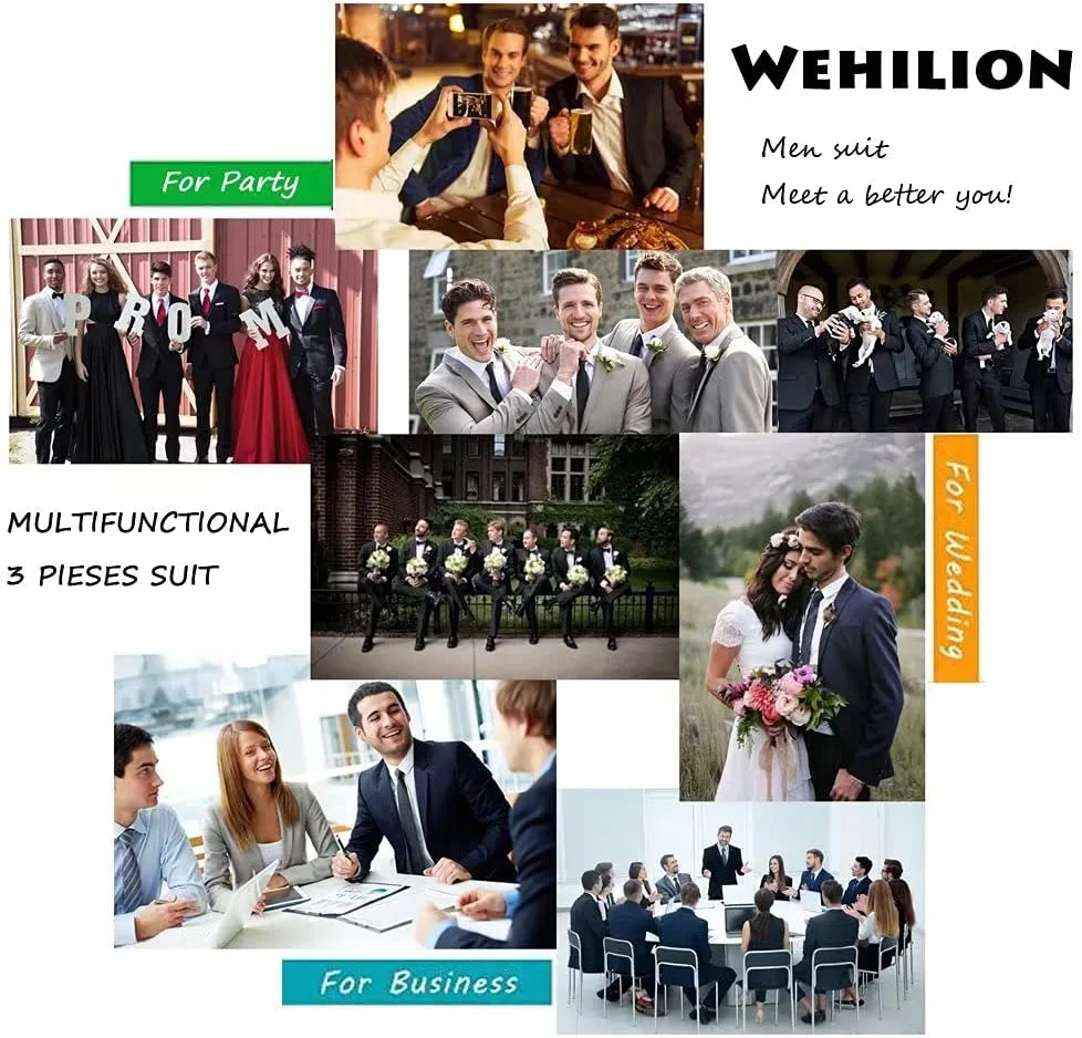 Men Suit 3 Pieces Slim Fit, 2 Buttons Groomsmen Business Jacket Vest Pant Prom Tuxedo with Tie