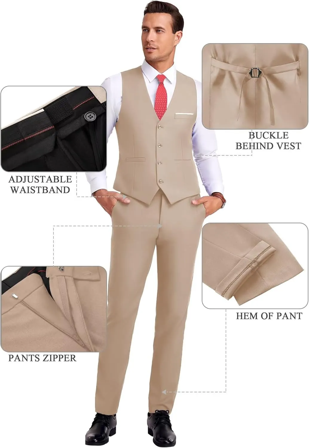 Men Suit 3 Pieces Slim Fit, 2 Buttons Groomsmen Business Jacket Vest Pant Prom Tuxedo with Tie