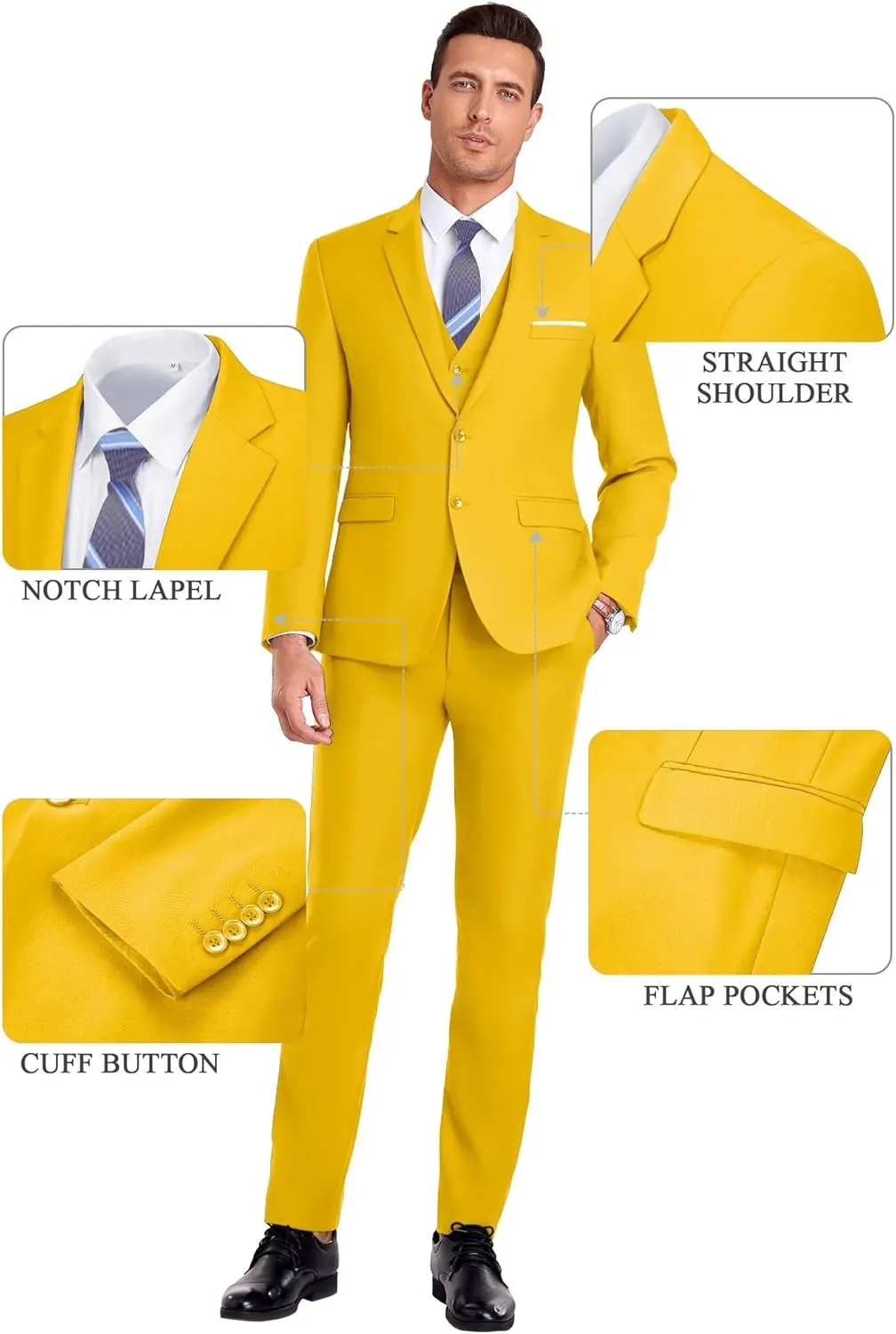 Men Suit 3 Pieces Slim Fit, 2 Buttons Groomsmen Business Jacket Vest Pant Prom Tuxedo with Tie