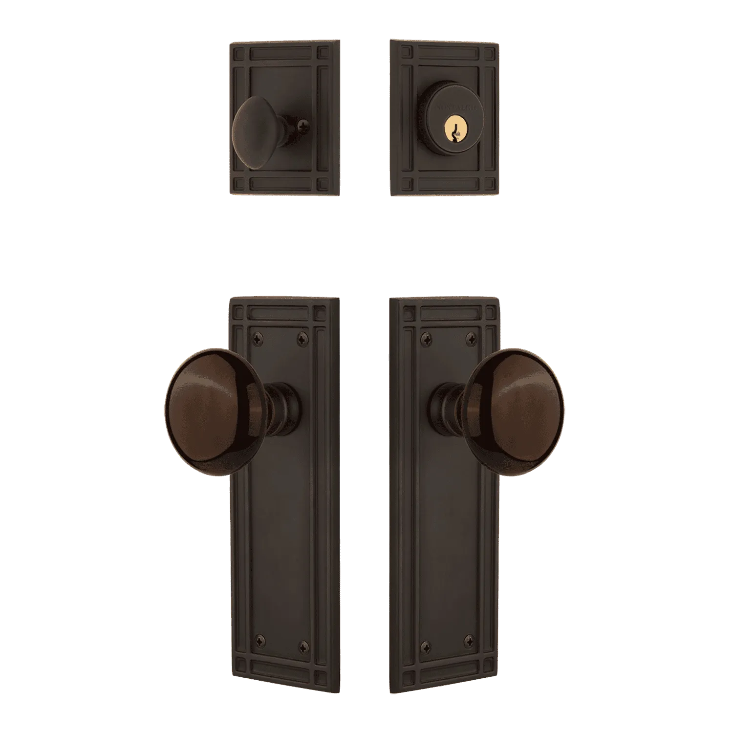 Mission Entry Set with Brown Porcelain Knob in Oil-Rubbed Bronze