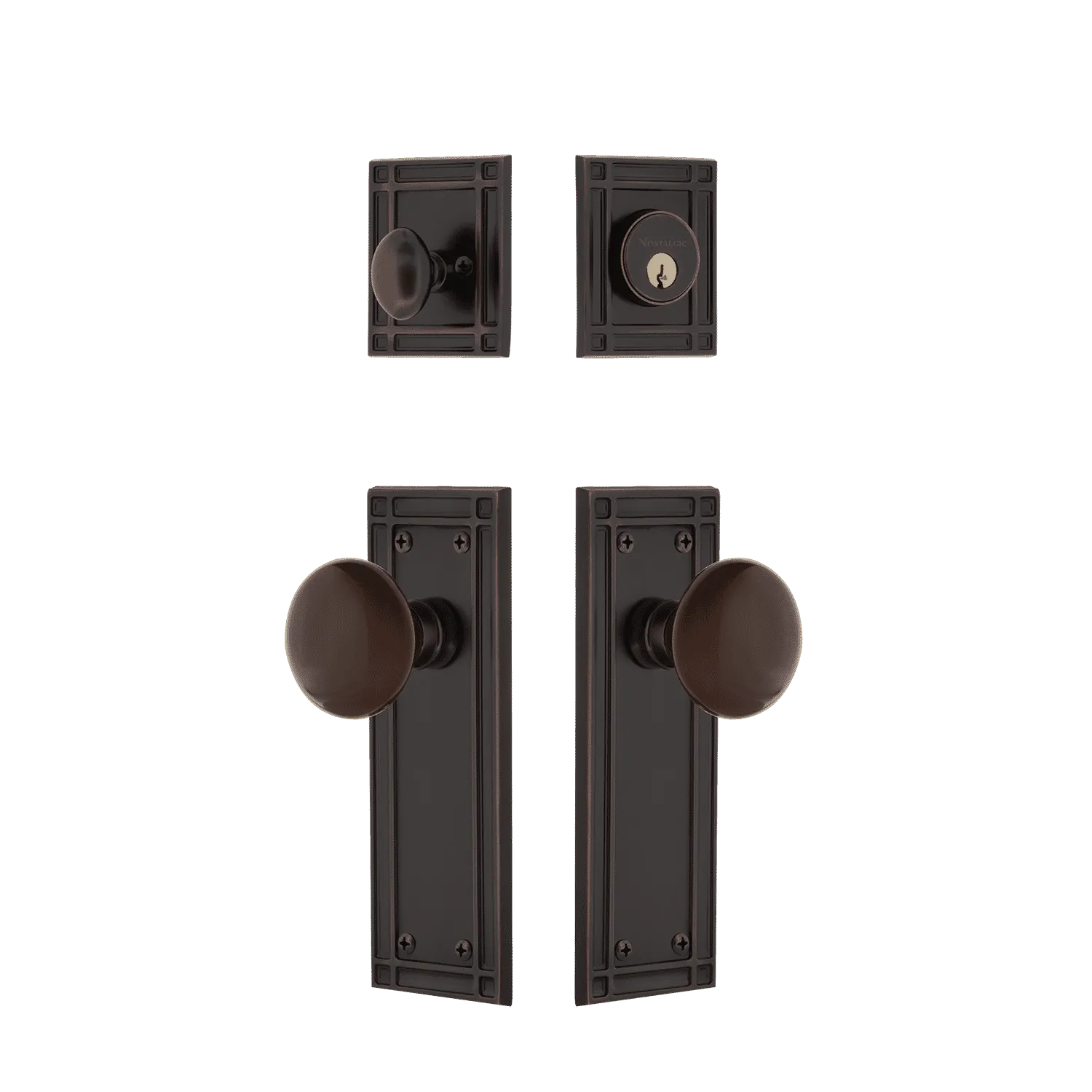 Mission Entry Set with Brown Porcelain Knob in Timeless Bronze