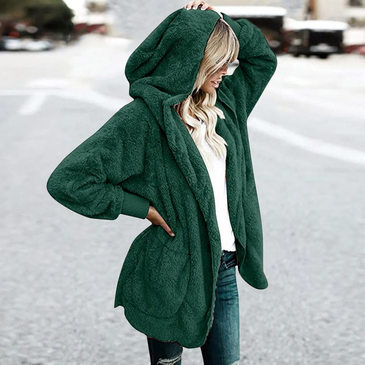 nerohusy Plus Size Fuzzy Jackets for Women Fuzzy Fleece Teddy Coats with Hood Open Front Cardigan Outwear with Shaggy Pocket