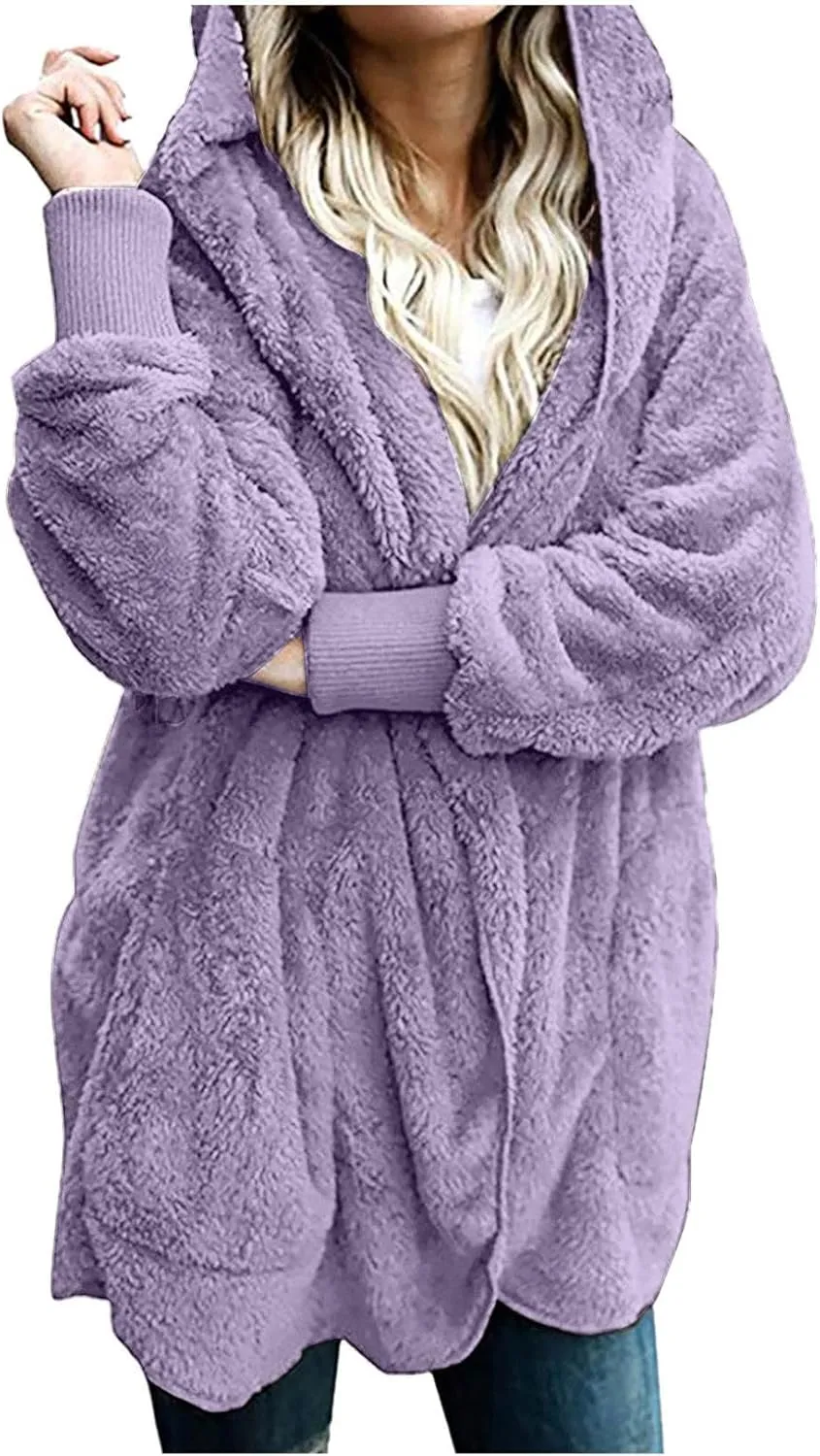 nerohusy Plus Size Fuzzy Jackets for Women Fuzzy Fleece Teddy Coats with Hood Open Front Cardigan Outwear with Shaggy Pocket