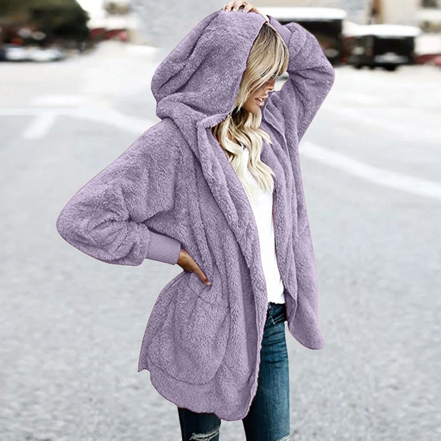 nerohusy Plus Size Fuzzy Jackets for Women Fuzzy Fleece Teddy Coats with Hood Open Front Cardigan Outwear with Shaggy Pocket