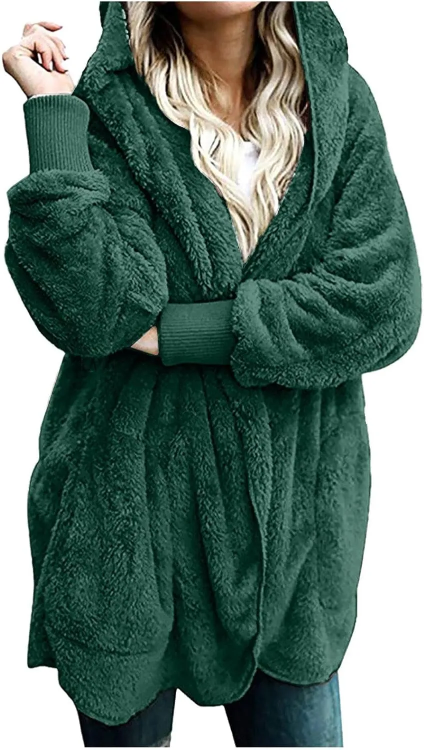 nerohusy Plus Size Fuzzy Jackets for Women Fuzzy Fleece Teddy Coats with Hood Open Front Cardigan Outwear with Shaggy Pocket