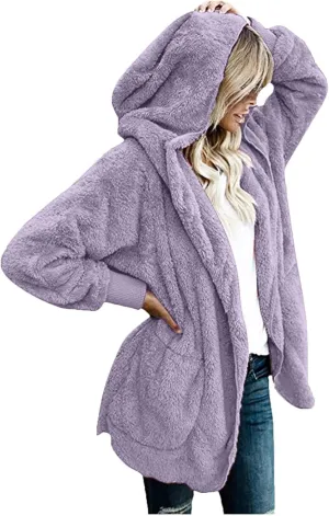 nerohusy Plus Size Fuzzy Jackets for Women Fuzzy Fleece Teddy Coats with Hood Open Front Cardigan Outwear with Shaggy Pocket
