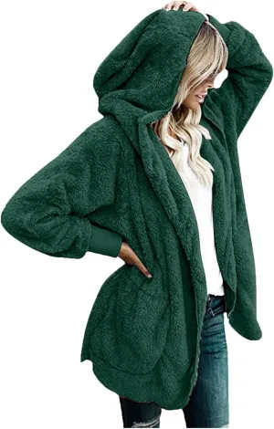 nerohusy Plus Size Fuzzy Jackets for Women Fuzzy Fleece Teddy Coats with Hood Open Front Cardigan Outwear with Shaggy Pocket
