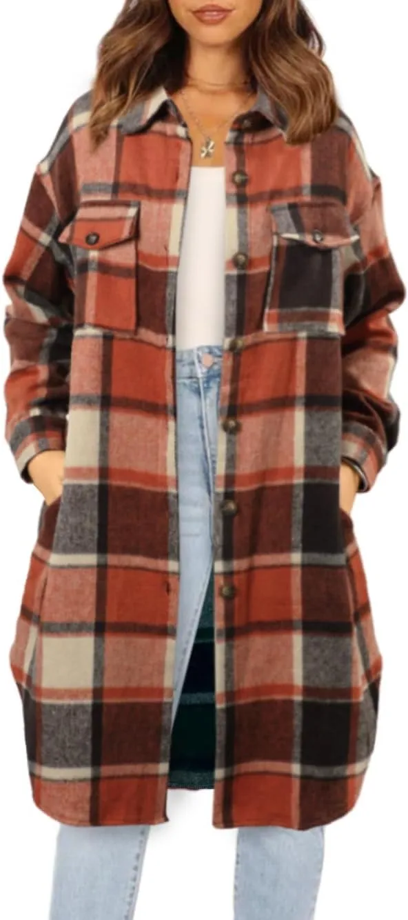 NIeyook Plaid Shacket Jacket Women Button Down Long Flannel Shirt Fall Oversized Jackets Casual Shaket Lapel Winter Coats