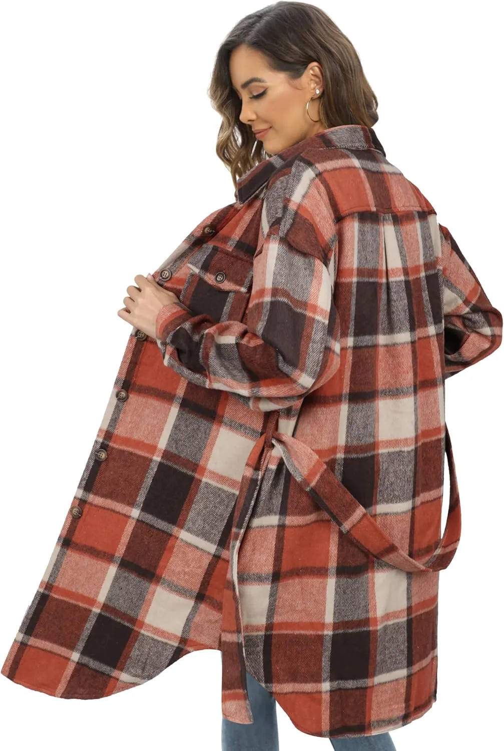 NIeyook Plaid Shacket Jacket Women Button Down Long Flannel Shirt Fall Oversized Jackets Casual Shaket Lapel Winter Coats