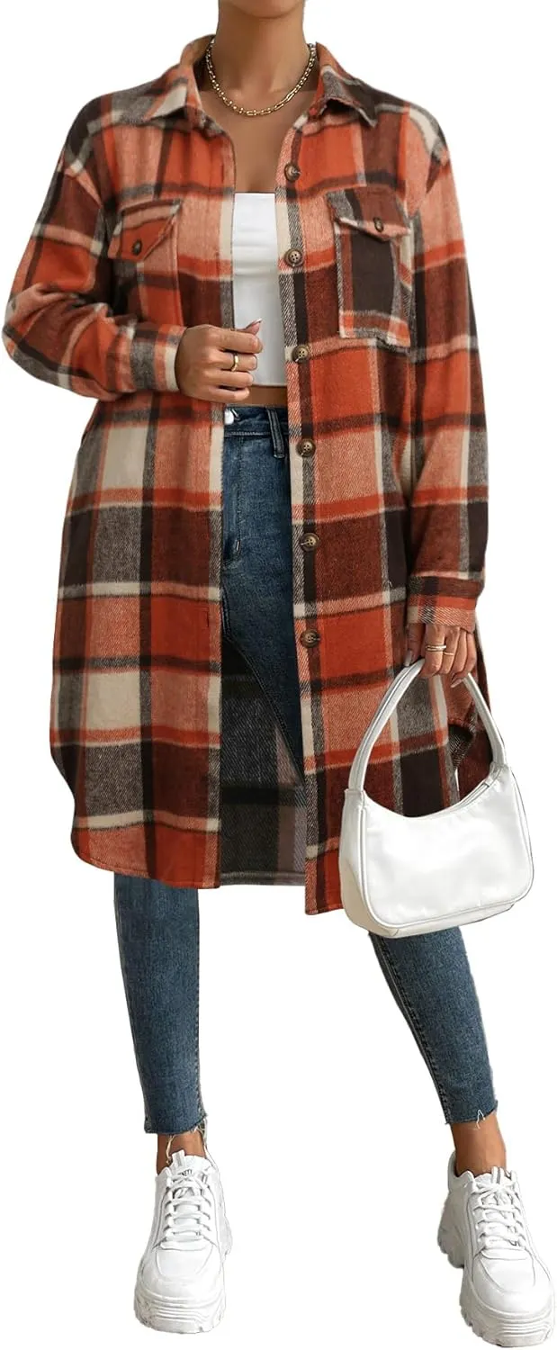 NIeyook Plaid Shacket Jacket Women Button Down Long Flannel Shirt Fall Oversized Jackets Casual Shaket Lapel Winter Coats