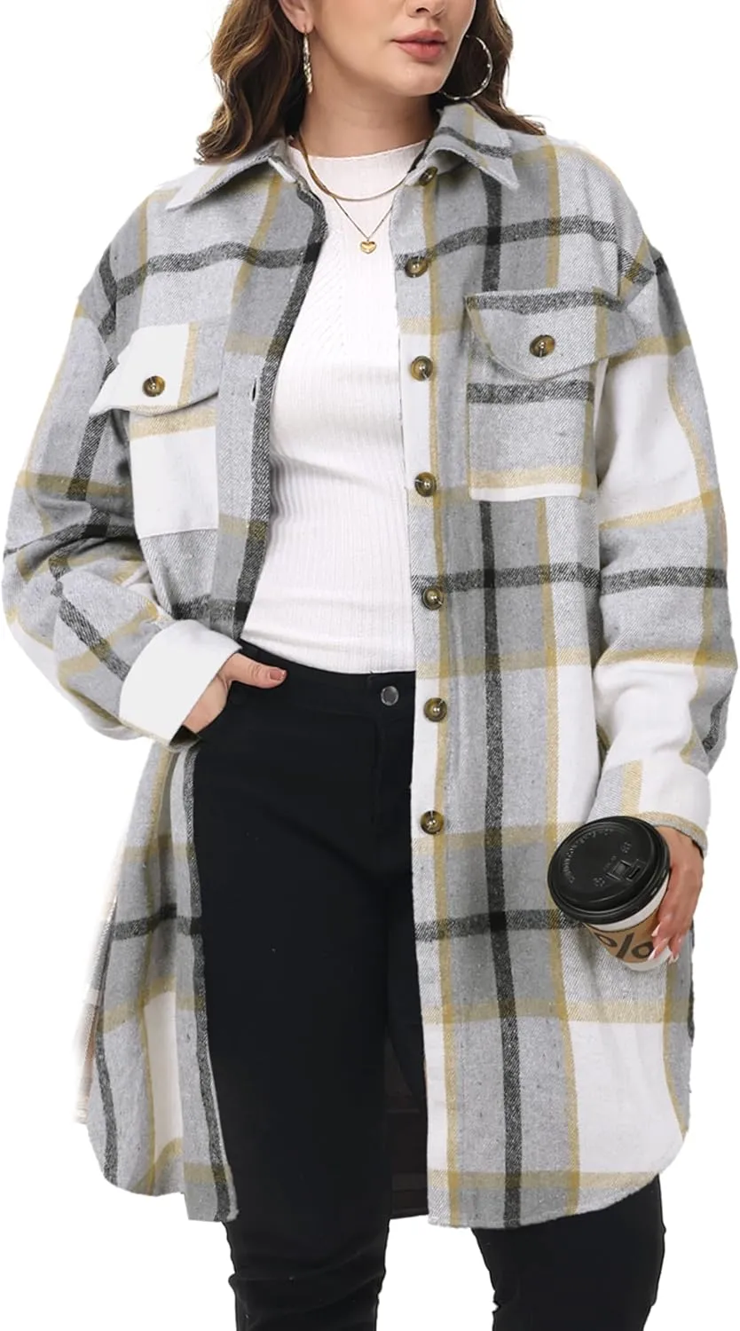 NIeyook Womens Plus Size Shacket Jacket 2024 Fall Plaid Flannel Button Down Shirts Long Sleeve Tartan Jackets Coats
