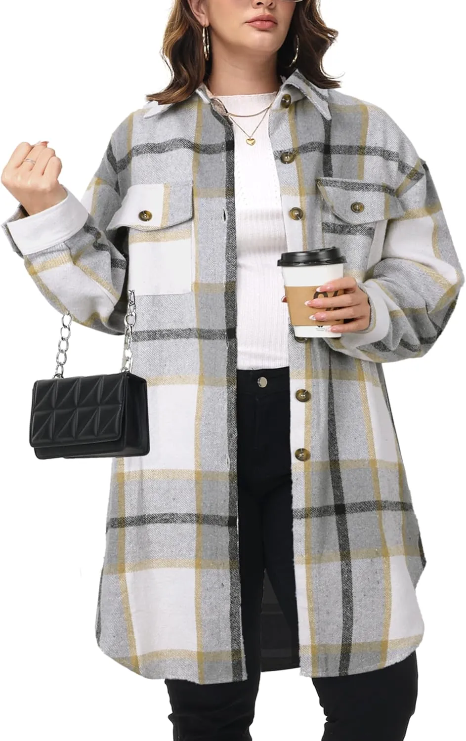 NIeyook Womens Plus Size Shacket Jacket 2024 Fall Plaid Flannel Button Down Shirts Long Sleeve Tartan Jackets Coats