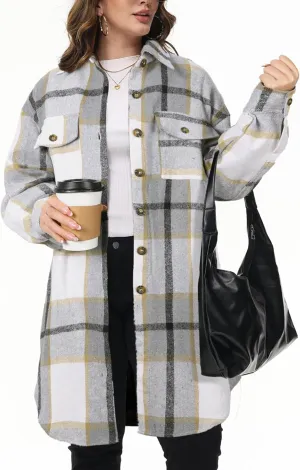 NIeyook Womens Plus Size Shacket Jacket 2024 Fall Plaid Flannel Button Down Shirts Long Sleeve Tartan Jackets Coats