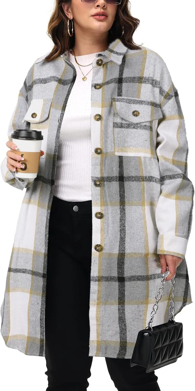 NIeyook Womens Plus Size Shacket Jacket 2024 Fall Plaid Flannel Button Down Shirts Long Sleeve Tartan Jackets Coats