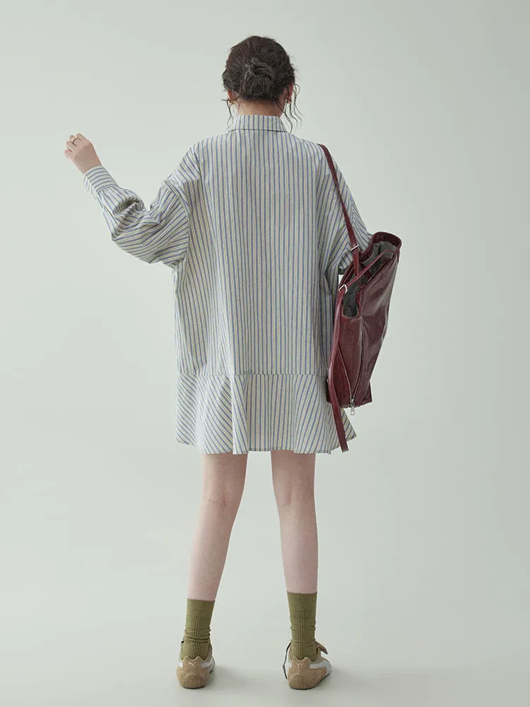 Preppy Style Single-Breasted Striped Shirt Dress & Long-Sleeved Dress
