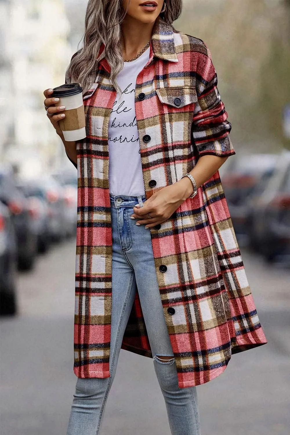 PRETTYGARDEN Women's Plaid Shacket 2025 Long Sleeve Button Up Flannel Shirt Winter Tartan Jacket Woolen Coats