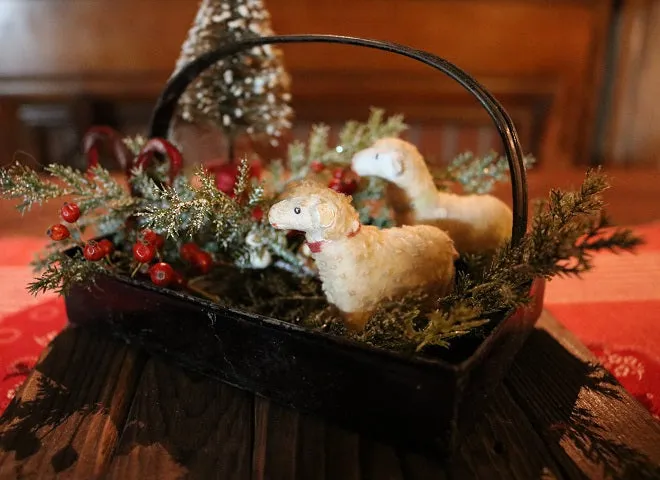 Putz Sheep in Old Spice Caddy Neat Christmas Gathering
