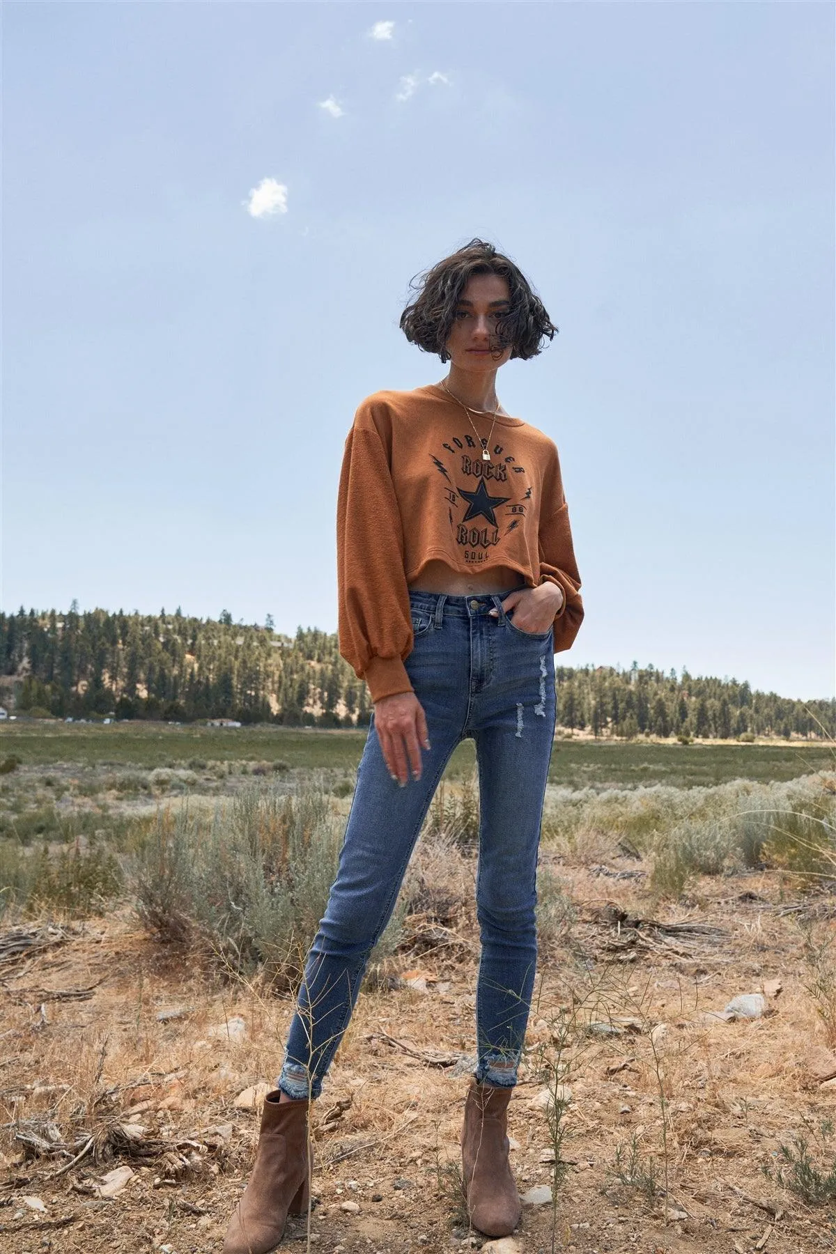 "Forever Rock 'n' Roll" Cropped Balloon Sleeve Top /3-2-1